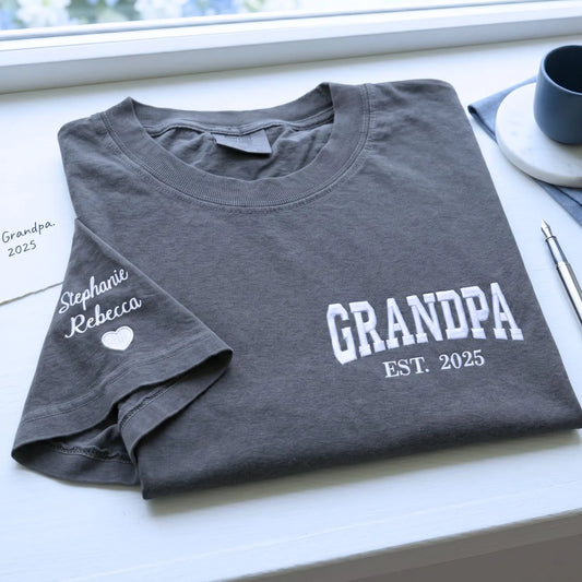 Custom embroidered Grandpa EST shirt with kids names on sleeve, personalized Father’s Day gift for grandpa