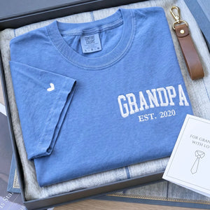 Custom embroidered Grandpa EST shirt with kids names on sleeve, personalized Father’s Day gift for grandpa