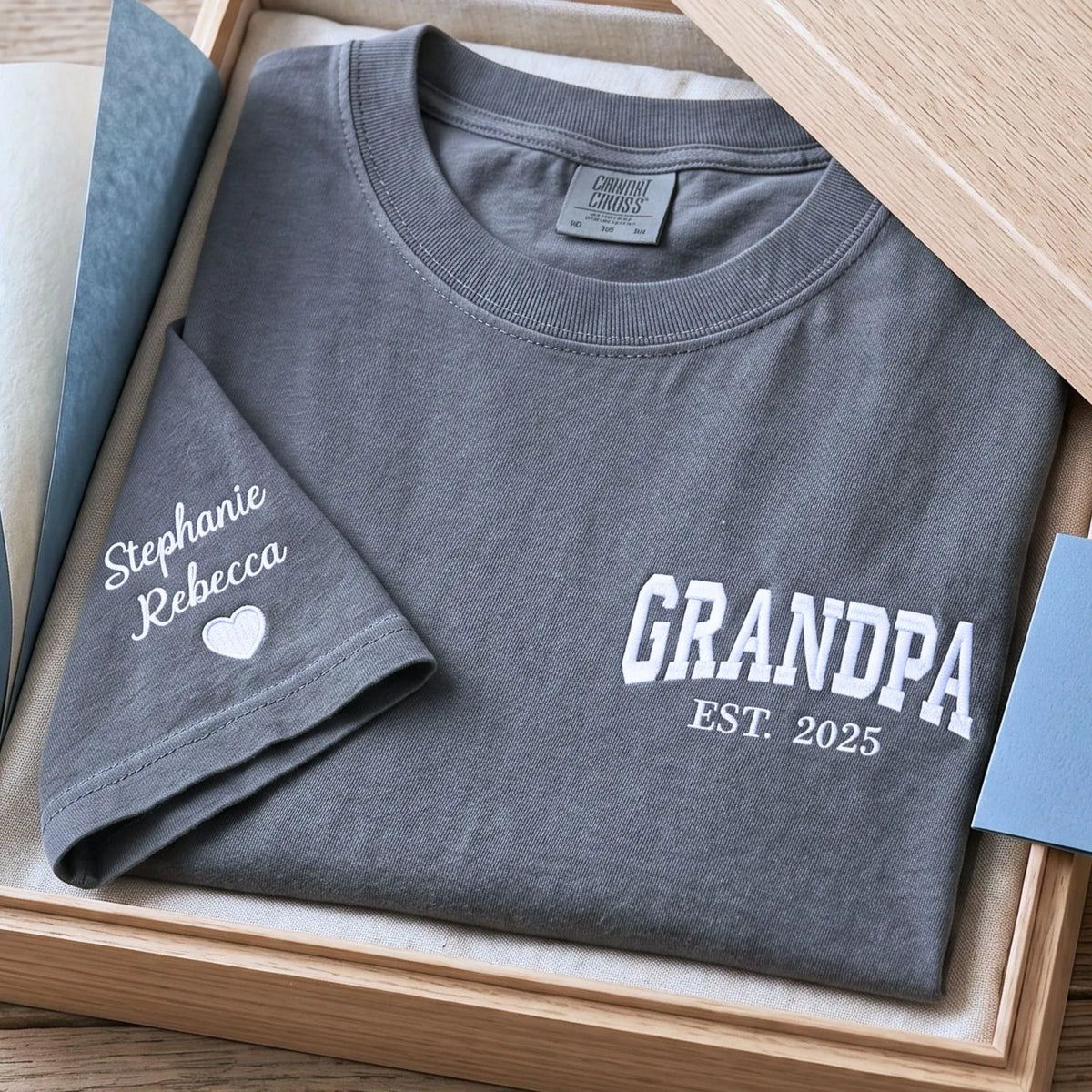 Custom embroidered Grandpa EST shirt with kids names on sleeve, personalized Father’s Day gift for grandpa