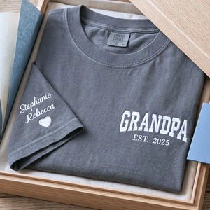 Custom embroidered Grandpa EST shirt with kids names on sleeve, personalized Father’s Day gift for grandpa