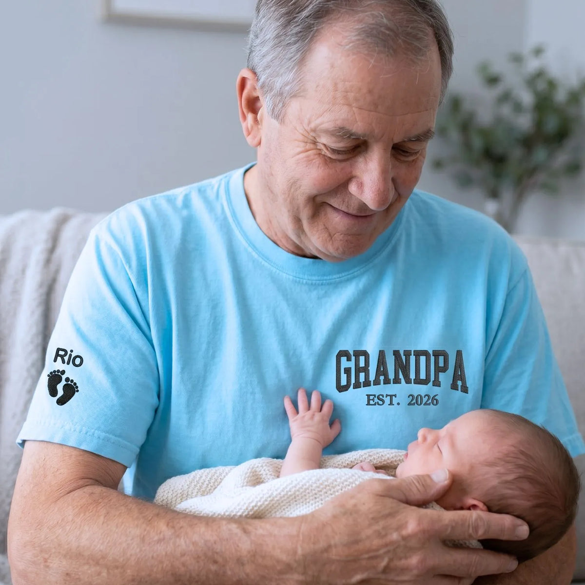 Custom embroidered Grandpa EST shirt with kids names on sleeve, personalized Father’s Day gift for grandpa