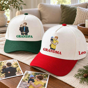 Personalized Grandpa and Grandma embroidered baseball caps with custom photo art as a special family gift