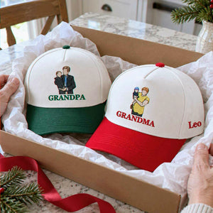 Custom Grandma and Grandpa Portrait Snapback Hat, Embroidered from Photo Cap, Christmas Gifts For Grandparents