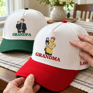 Custom Grandma and Grandpa Portrait Snapback Hat, Embroidered from Photo Cap, Christmas Gifts For Grandparents