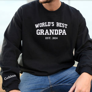 Custom Embroidered Worlds Best Grandpa Sweatshirt with GrandKids Names on Sleeve