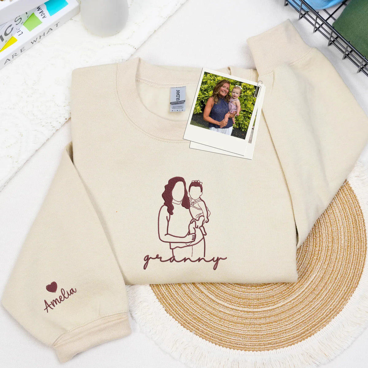 Custom Granny Photo Line Art Embroidered Sweatshirt Hoodie - Personalized Mother's Day 2026 Gift for Gramdma
