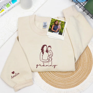 Custom Granny Photo Line Art Embroidered Sweatshirt Hoodie - Personalized Mother's Day 2026 Gift for Gramdma