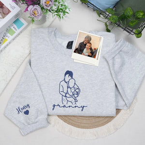 Custom Granny Photo Line Art Embroidered Sweatshirt Hoodie - Personalized Mother's Day 2026 Gift for Gramdma