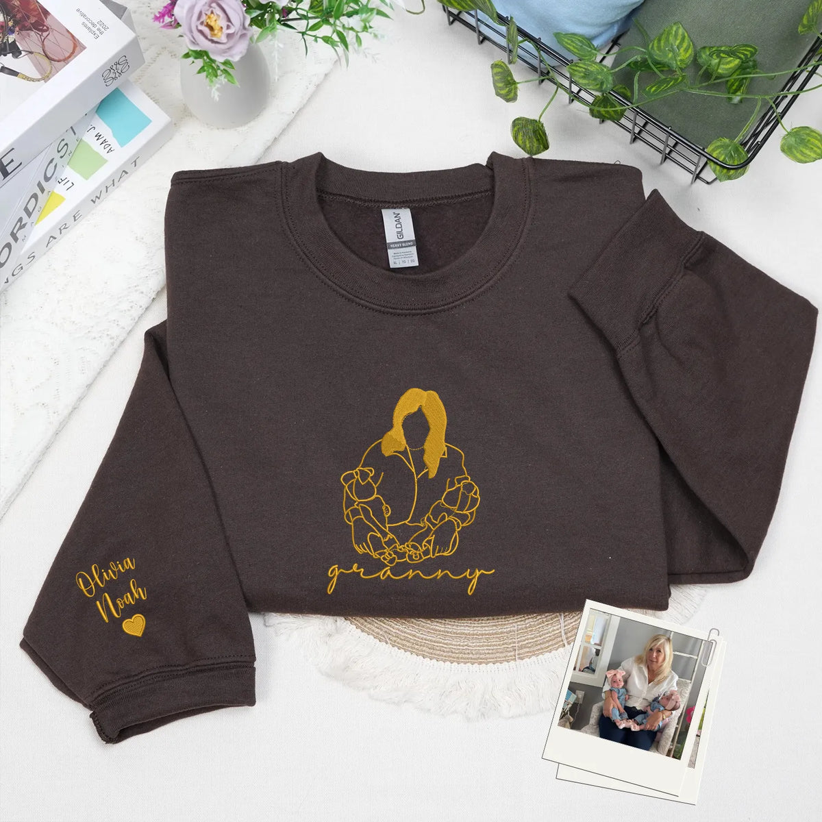Custom Granny Photo Line Art Embroidered Sweatshirt Hoodie - Personalized Mother's Day 2026 Gift for Gramdma