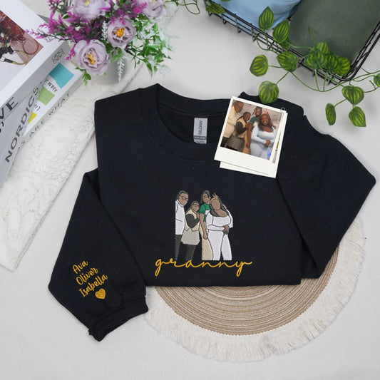 Custom Granny Photo Portrait Embroidered Sweatshirt Hoodie with with Grandkids' Names on Sleeve
