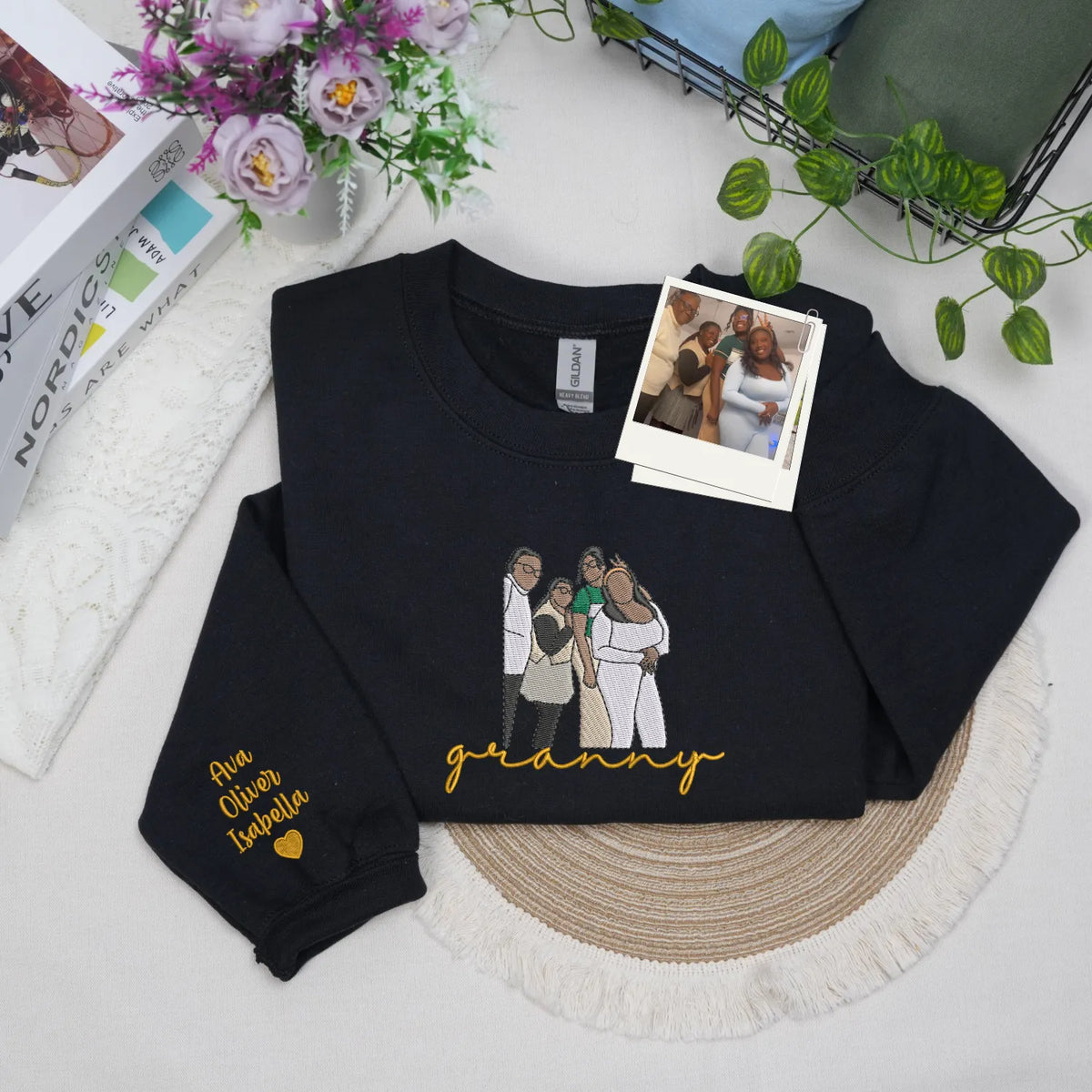 Custom Granny Photo Portrait Embroidered Sweatshirt Hoodie with with Grandkids' Names on Sleeve