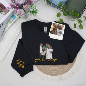 Custom Granny Photo Portrait Embroidered Sweatshirt Hoodie with with Grandkids' Names on Sleeve