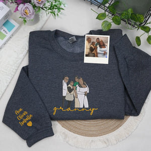 Custom Granny Photo Portrait Embroidered Sweatshirt Hoodie with with Grandkids' Names on Sleeve