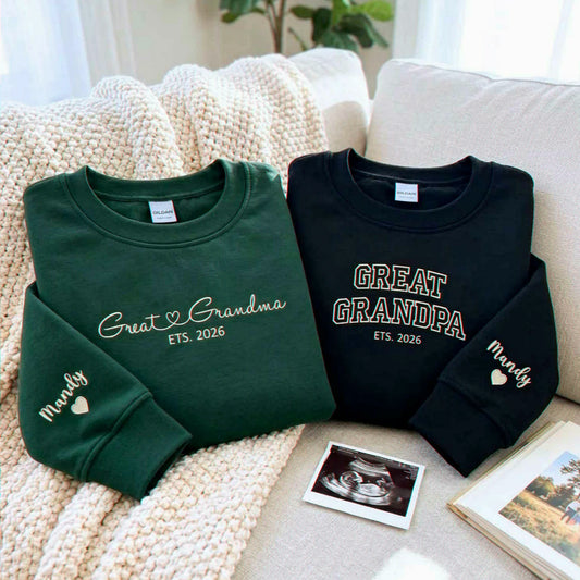 Great Grandma and Great Grandpa Sweatshirts, Matching Embroidered Kid Name Crewneck, Gift for Great Grandparents