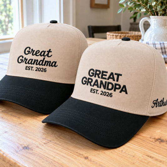 customizable great grandma and great grandpa est 2026 baseball caps, with personalized names 'Arthur', as a new grandparent announcement gift