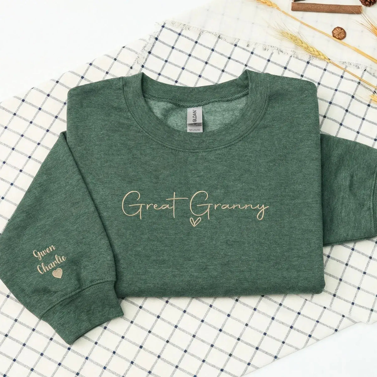 Personalized great granny sweatshirt embroidered with kids names on sleeve custom great grandma gift from family