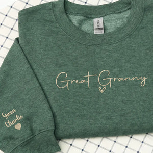 Personalized great granny sweatshirt embroidered with kids names on sleeve custom great grandma gift from family