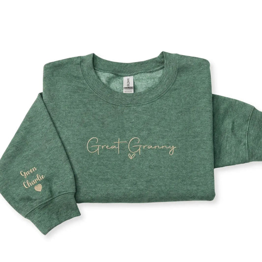 Personalized great granny sweatshirt embroidered with kids names on sleeve custom great grandma gift from family