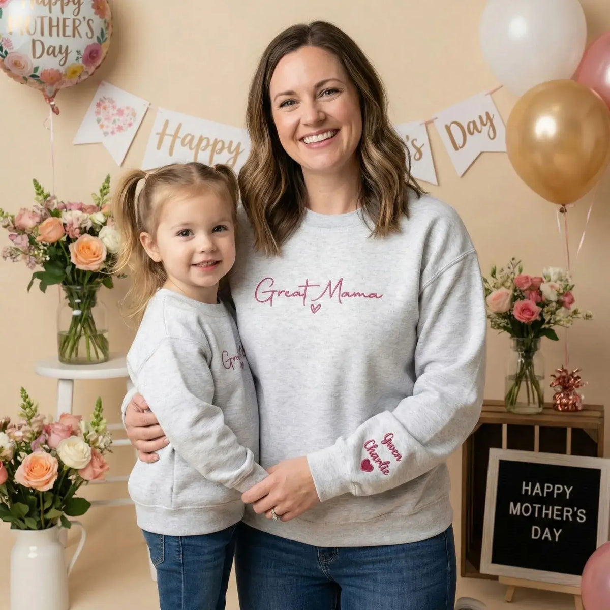 Custom Great Mama sweatshirt with grandkids names printed on sleeve personalized grandma gift for Mother's Day