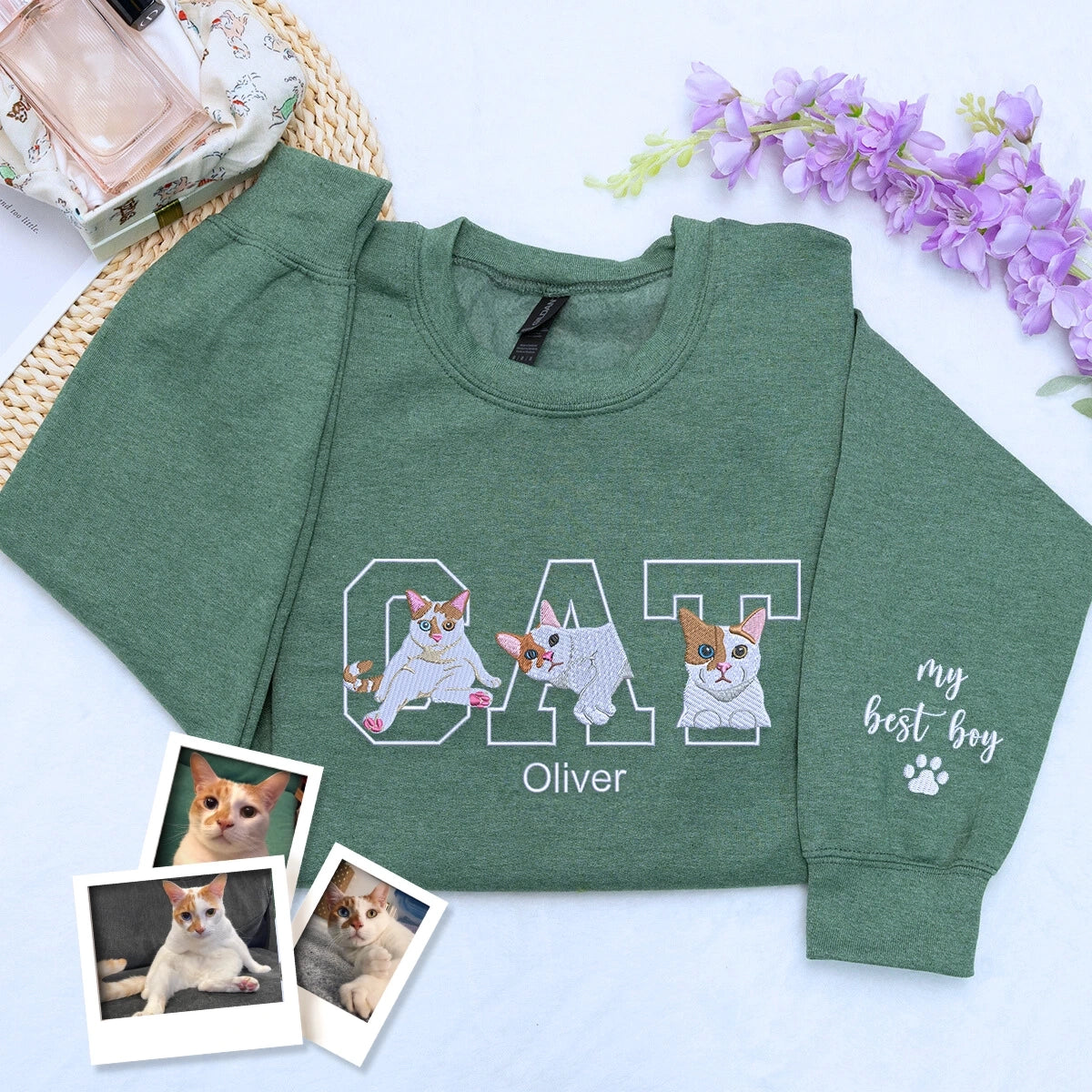 Heather Dark Green Cat Life Sweatshirt, a meaningful and cozy gift for cat mom cat dad