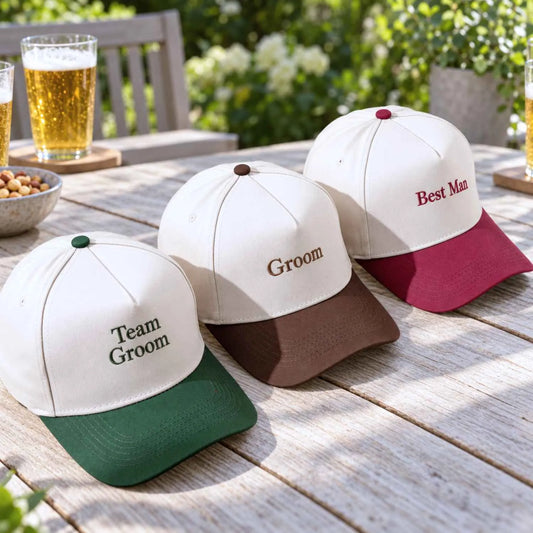 Custom embroidered wedding baseball caps for Groom, Best Man, and Team Groom bachelor party