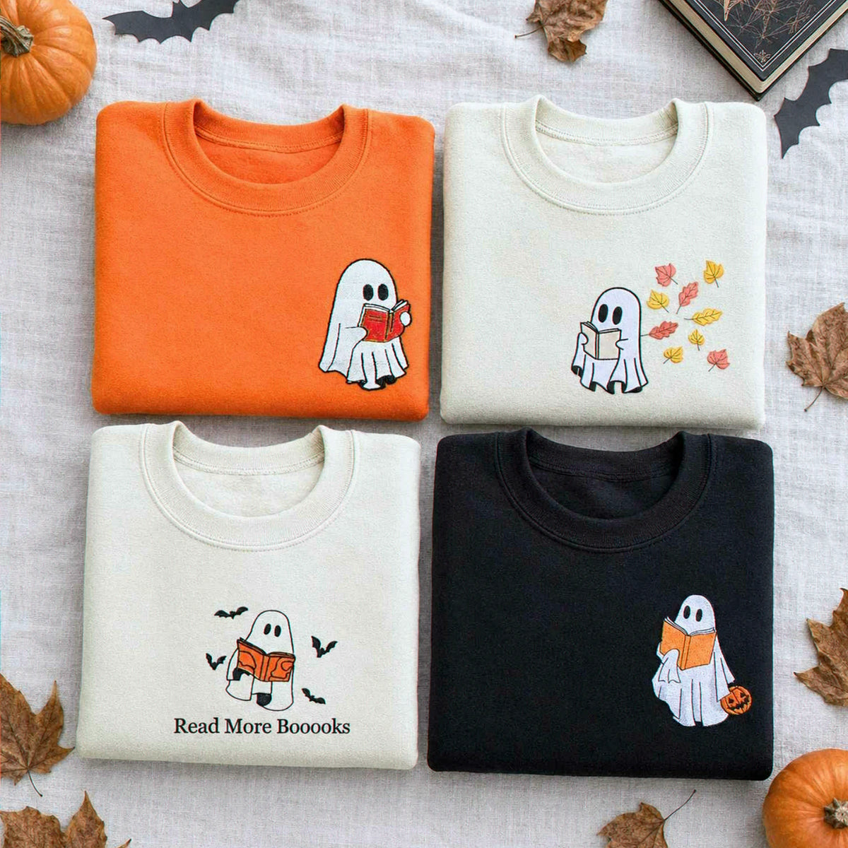 Embroidered Fall Ghost Reading Book Halloween Sweatshirt or Hoodie