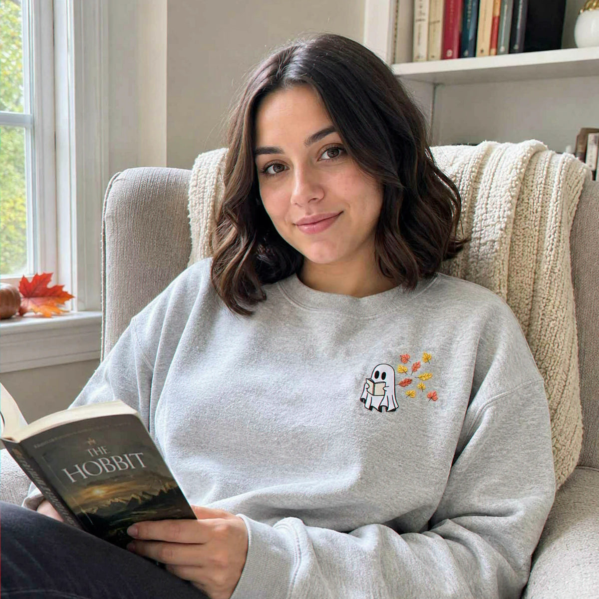 Embroidered Fall Ghost Reading Book Halloween Sweatshirt or Hoodie