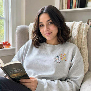 Embroidered Fall Ghost Reading Book Halloween Sweatshirt or Hoodie