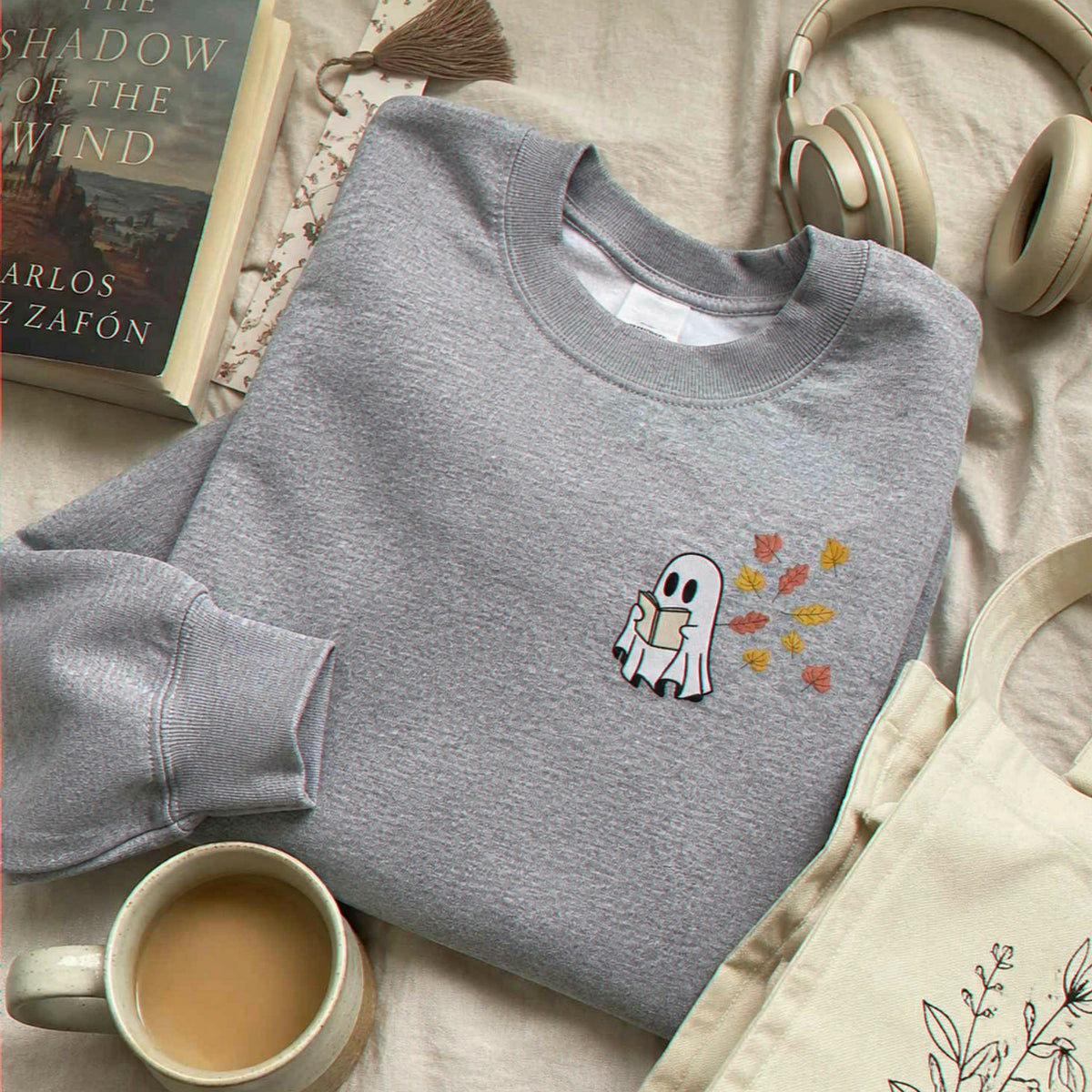 Embroidered Fall Ghost Reading Book Halloween Sweatshirt or Hoodie