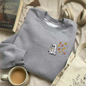 Embroidered Fall Ghost Reading Book Halloween Sweatshirt or Hoodie