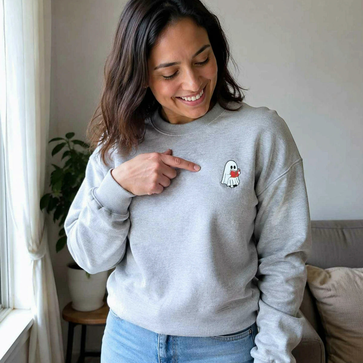 Embroidered Fall Ghost Reading Book Halloween Sweatshirt or Hoodie