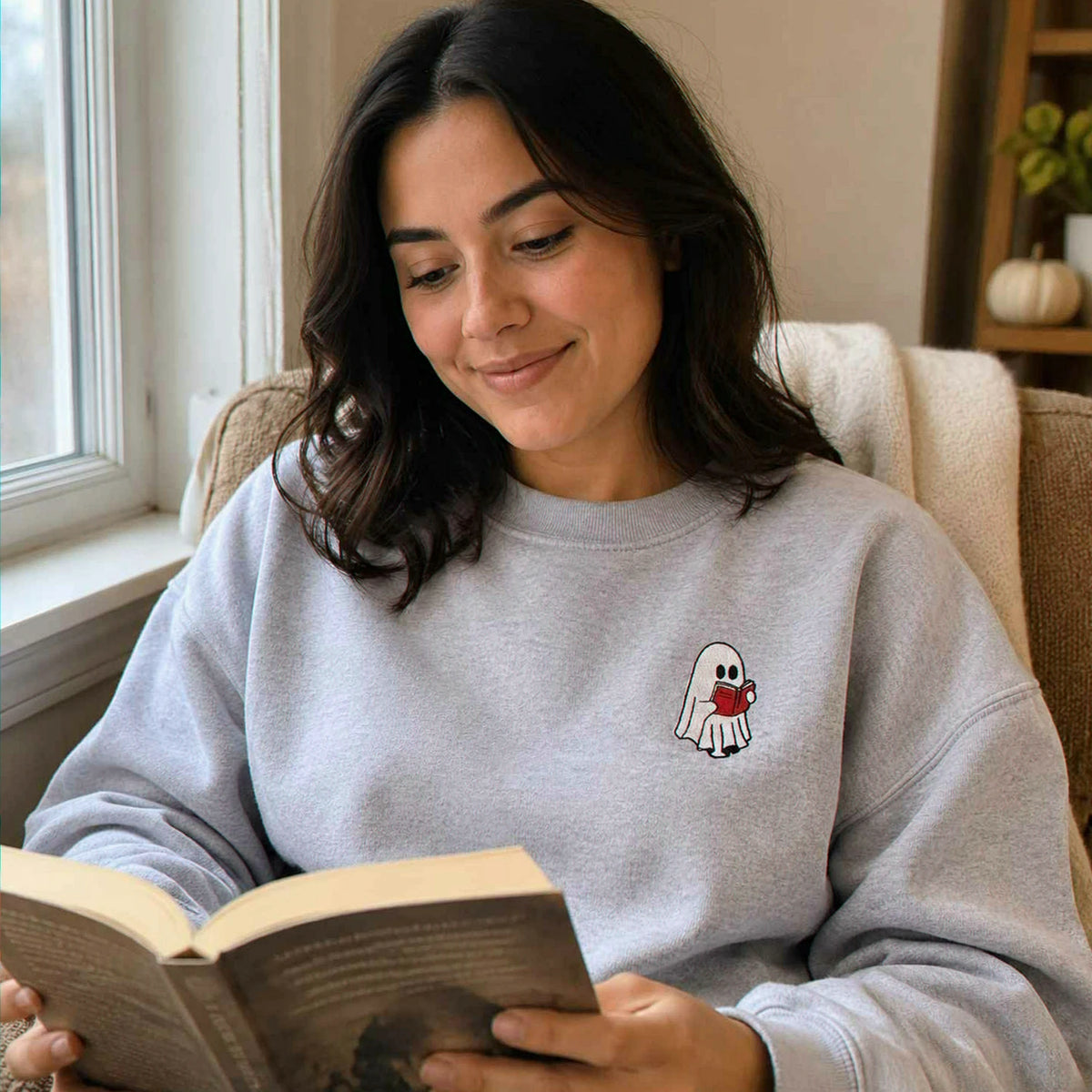 Embroidered Fall Ghost Reading Book Halloween Sweatshirt or Hoodie