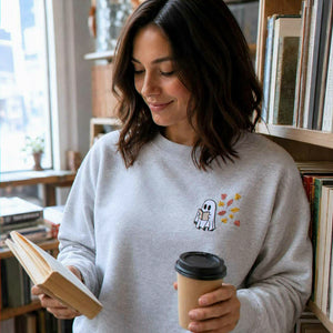 Embroidered Fall Ghost Reading Book Halloween Sweatshirt or Hoodie