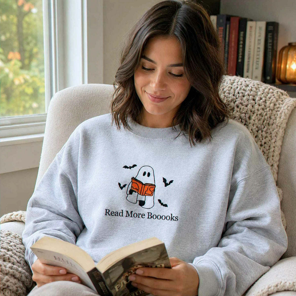 Embroidered Fall Ghost Reading Book Halloween Sweatshirt or Hoodie
