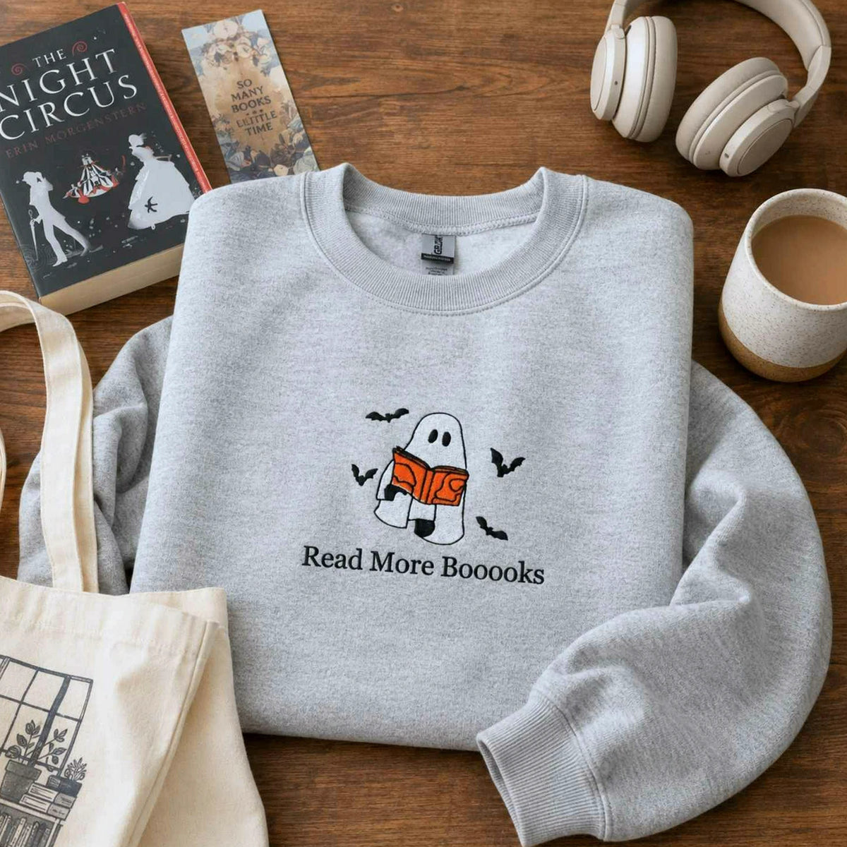 Embroidered Fall Ghost Reading Book Halloween Sweatshirt or Hoodie