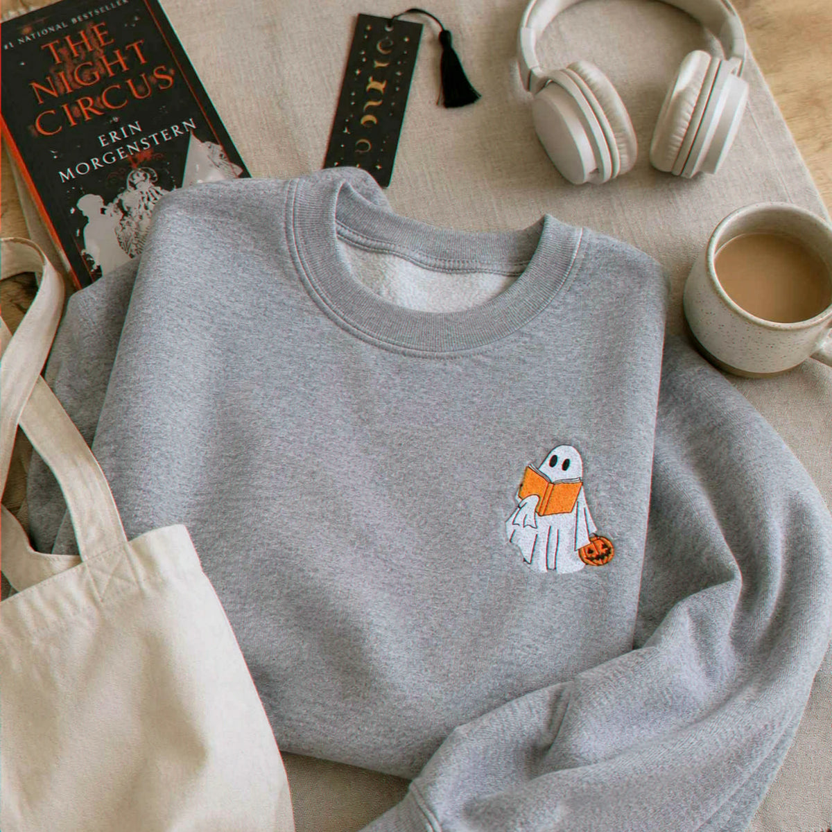 Embroidered Fall Ghost Reading Book Halloween Sweatshirt or Hoodie