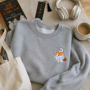 Embroidered Fall Ghost Reading Book Halloween Sweatshirt or Hoodie