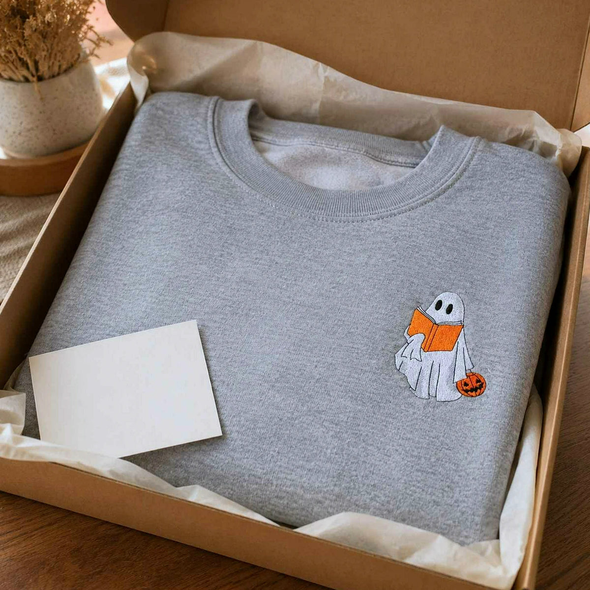 Embroidered Fall Ghost Reading Book Halloween Sweatshirt or Hoodie