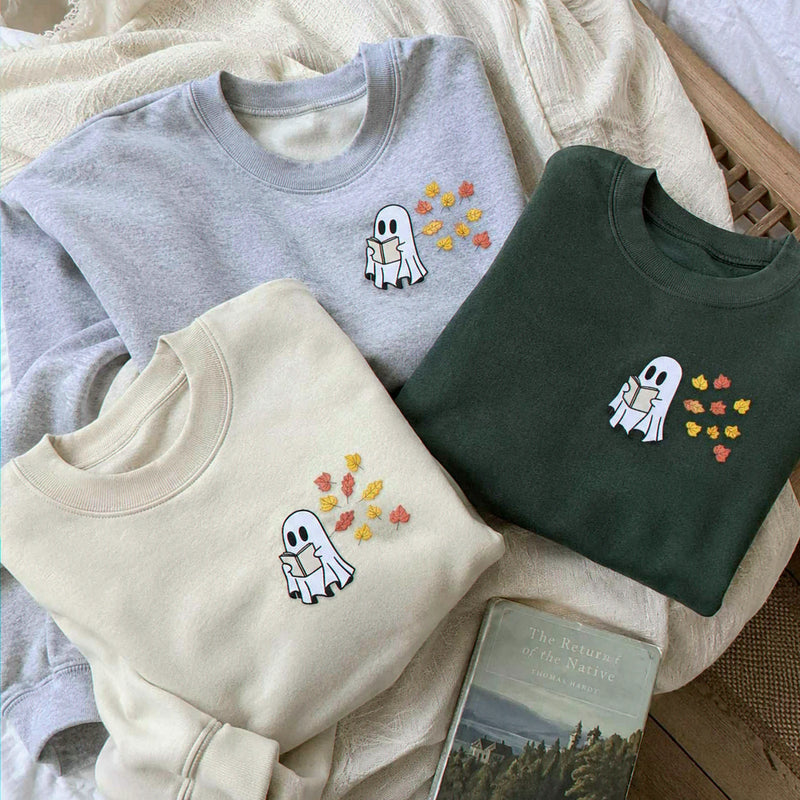 Embroidered Fall Ghost Reading Book Halloween Sweatshirt or Hoodie