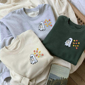 Embroidered Fall Ghost Reading Book Halloween Sweatshirt or Hoodie