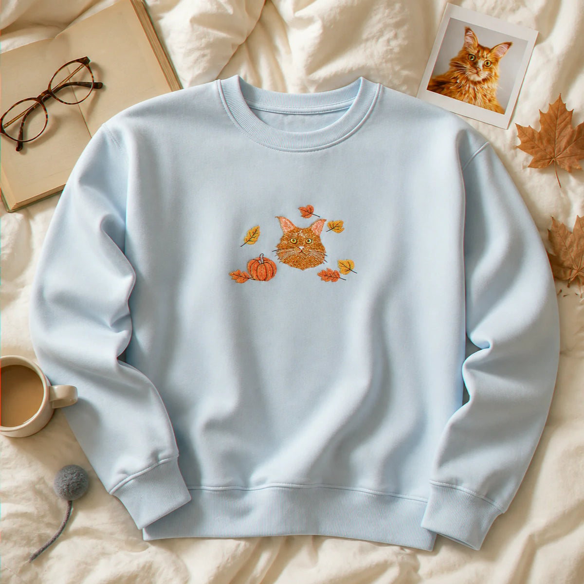 Custom Comfort Colors® Halloween Cat Portrait Sweatshirt - Embroidered Pet Photo with Fall Theme Sweater