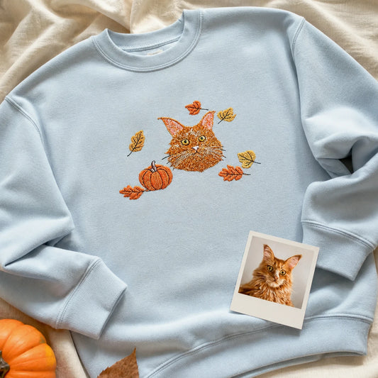 Custom Comfort Colors® Halloween Cat Portrait Sweatshirt - Embroidered Pet Photo with Fall Theme Sweater