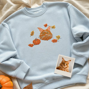 Custom Comfort Colors® Halloween Cat Portrait Sweatshirt - Embroidered Pet Photo with Fall Theme Sweater