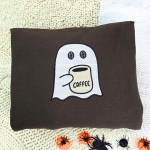 Little Ghost Coffee Crewneck, Embroidered Halloween Sweatshirt, Hoodie