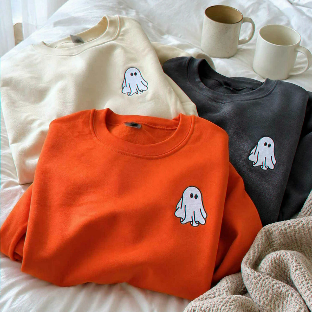 Halloween Couples Ghost Crewneck Embroidered Sweatshirt or Hoodie for Women Men