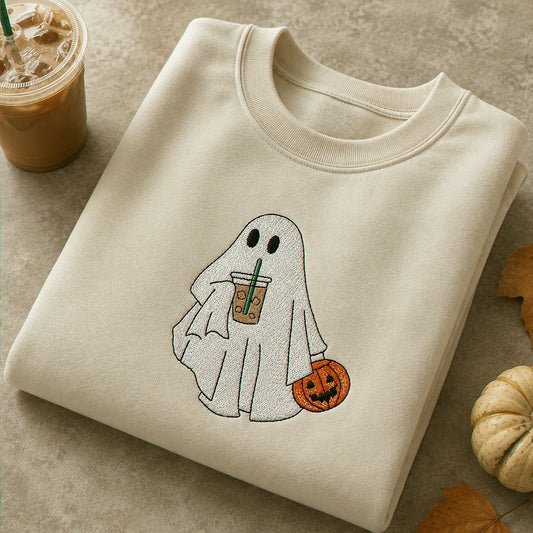 Ghost with Coffee Sweatshirt, Embroidered Cute Ghost Halloween Gift