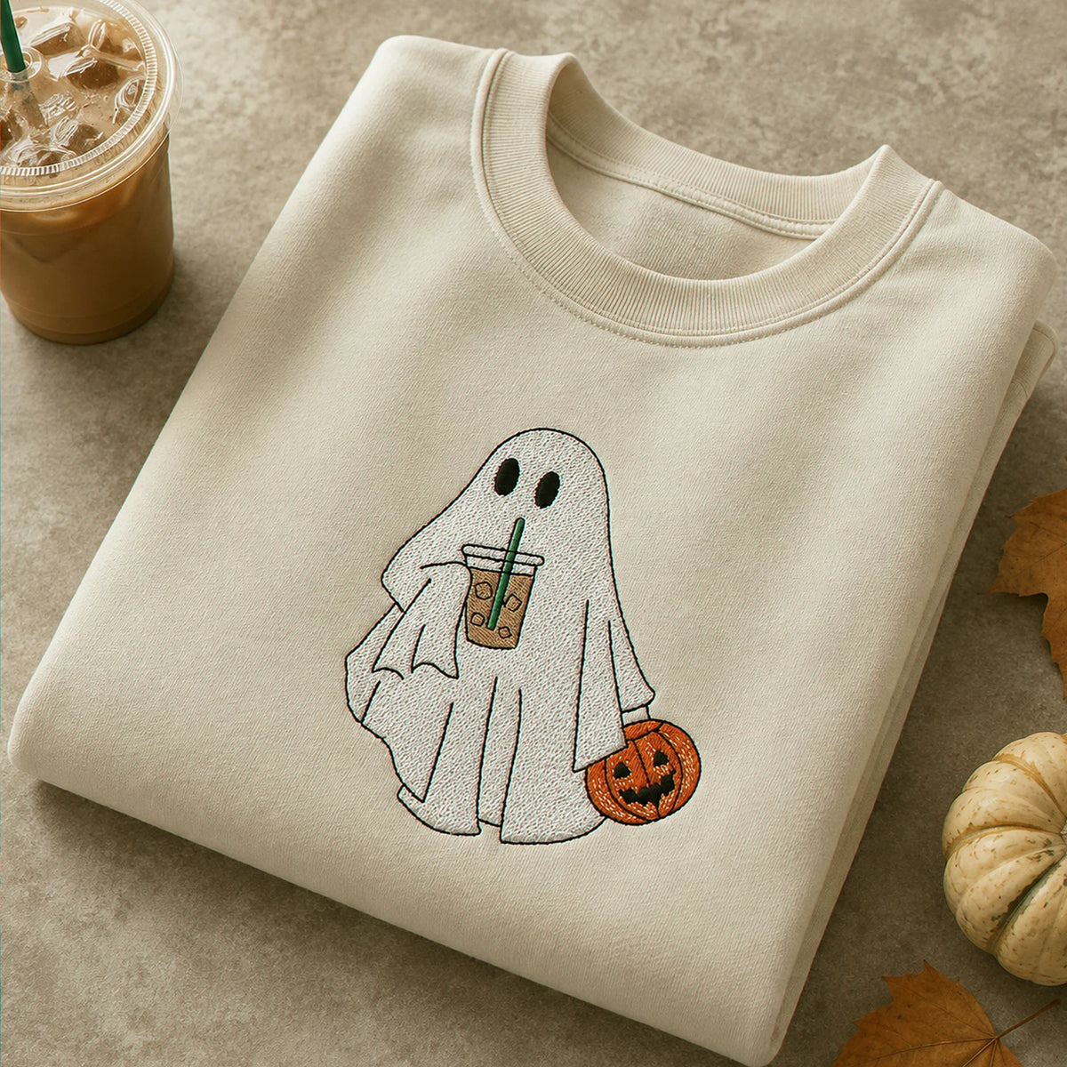 Ghost with Coffee Sweatshirt, Embroidered Cute Ghost Halloween Gift