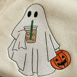 Ghost with Coffee Sweatshirt, Embroidered Cute Ghost Halloween Gift