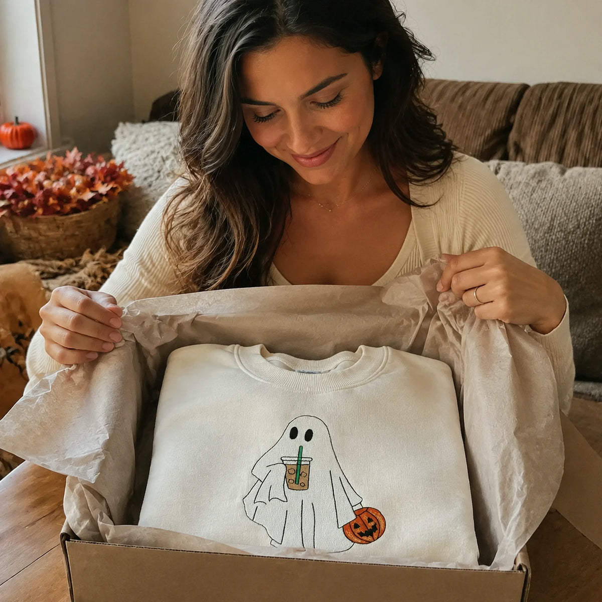 Ghost with Coffee Sweatshirt, Embroidered Cute Ghost Halloween Gift