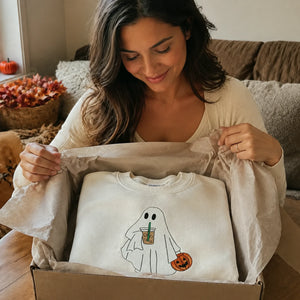 Ghost with Coffee Sweatshirt, Embroidered Cute Ghost Halloween Gift